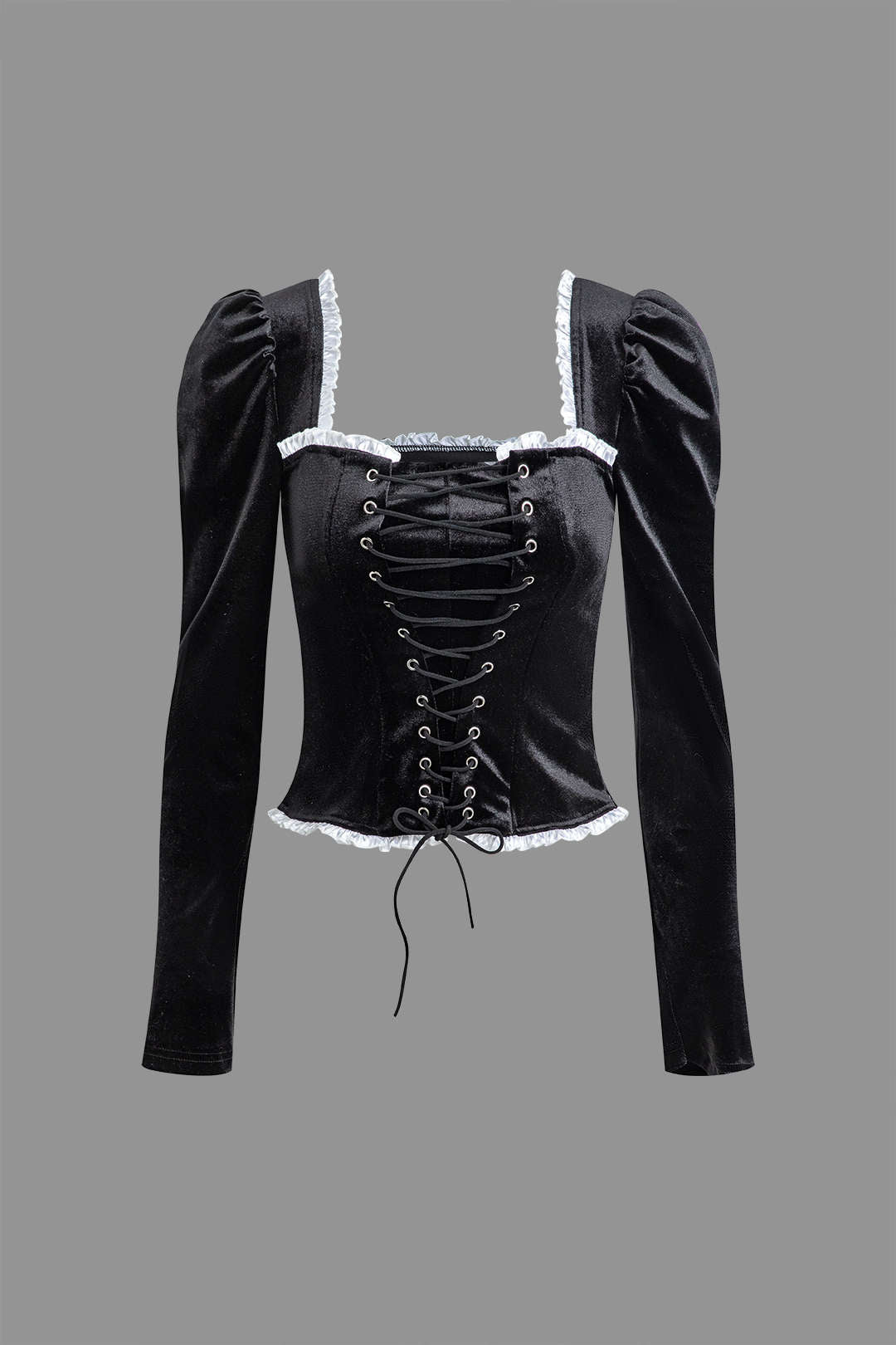 Square Neck Contrast Frill Trim Lace-Up Velvet Top