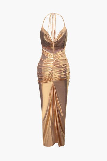 Metallic Ruched Halter Maxi Dress