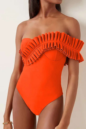 Ruffle One Shoulder Bustier One-Piece Swimsuit