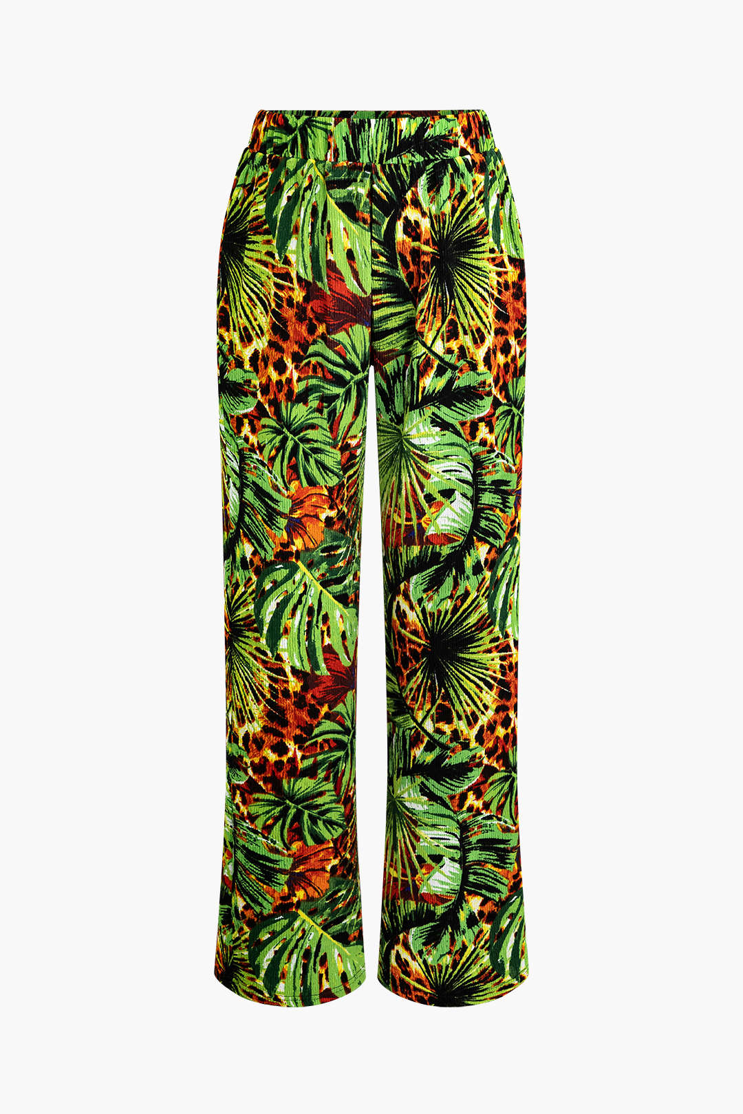 Palm Leaf Print Elastic Straight Leg Pants