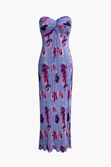 Abstract Print Plisse Strapless Maxi Dress