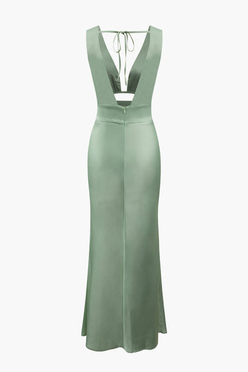 V-neck Satin Tie Back Sleeveless Maxi Dress