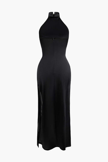 Mock Neck Slit Ruched Maxi Dress