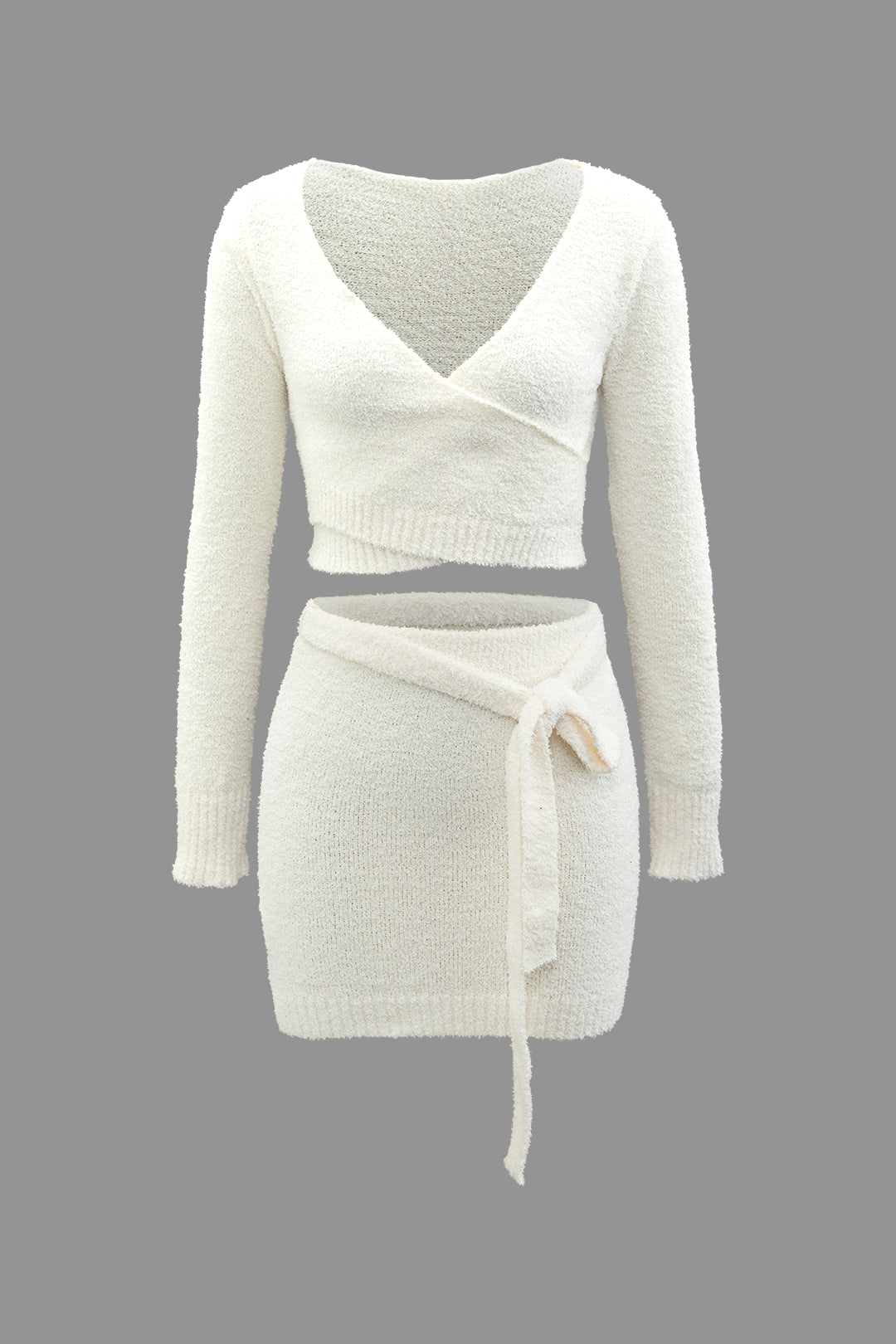 Knit V-neck Cross Long Sleeve Crop Top And Tie Waist Mini Skirt Set