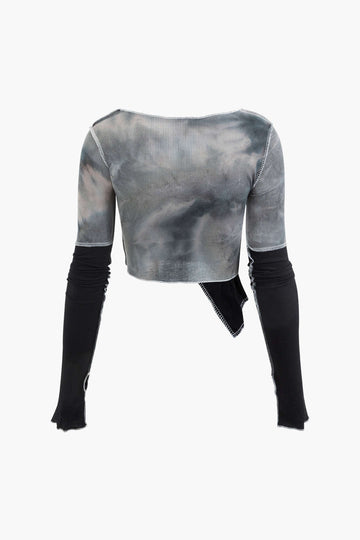 Tie-dye Stitching Asymmetrical Long Sleeve Crop Top