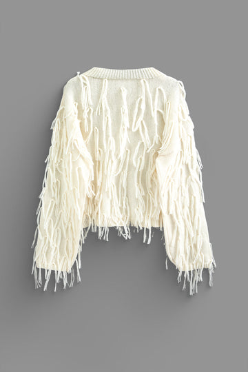 Fringe Detail Round Neck Long Sleeve Knit Top