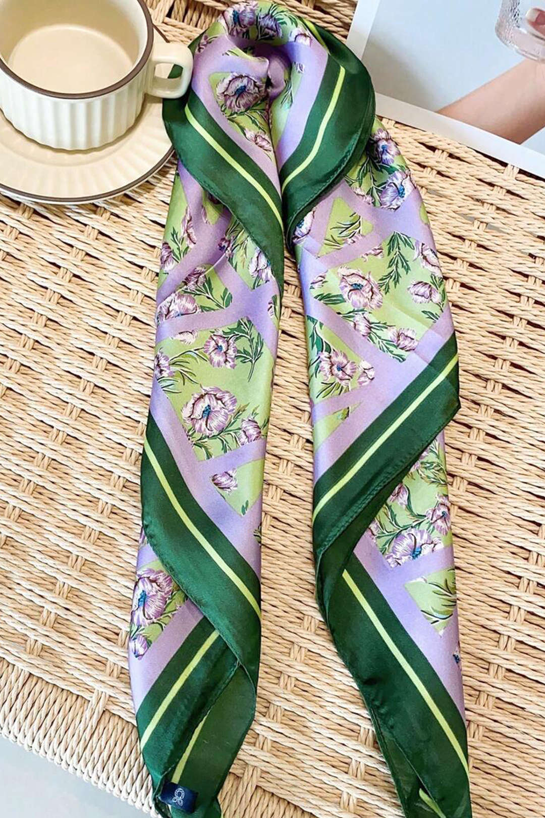 Lavender Bloom Silk Scarf with Emerald Border