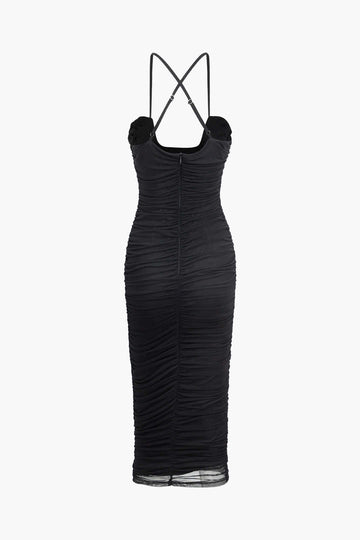 Cross Strap Mesh Ruched Midi Dress