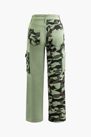 Camo Contrast Flap Pocket Straight Leg Jeans