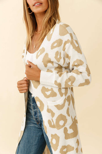 Leopard Pattern V-neck Pocket Knit Coat