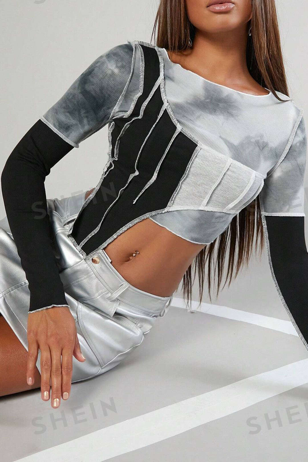 Tie-dye Stitching Asymmetrical Long Sleeve Crop Top