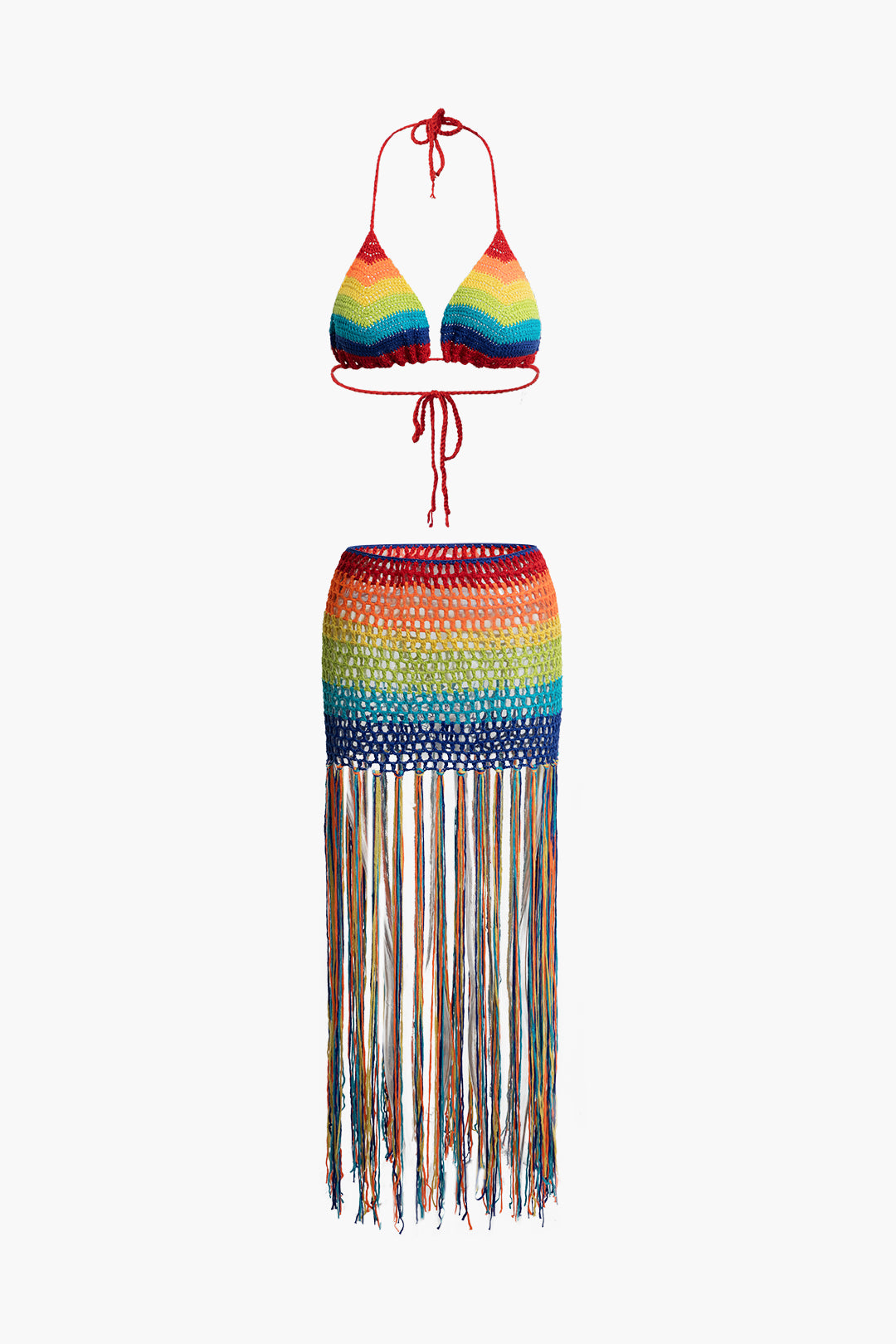 Rainbow Tie Halter Cami Top And Crochet Fringe Hem Skirt Set