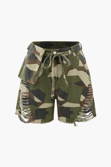 Camo Tie Waist Frayed Shorts