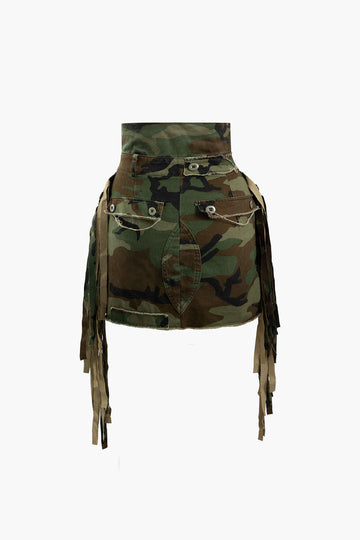 Camo Frayed Patchwork Fringe Mini Skirt