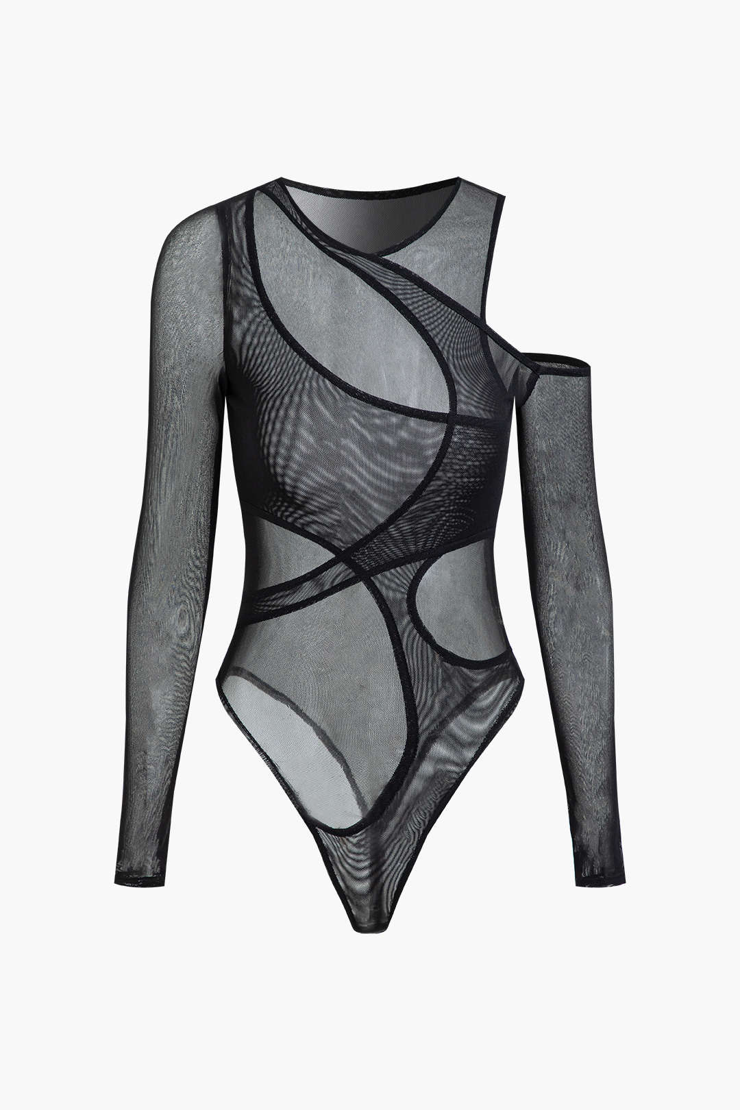 Asymmetric Cut Out Mesh Long Sleeve Bodysuit