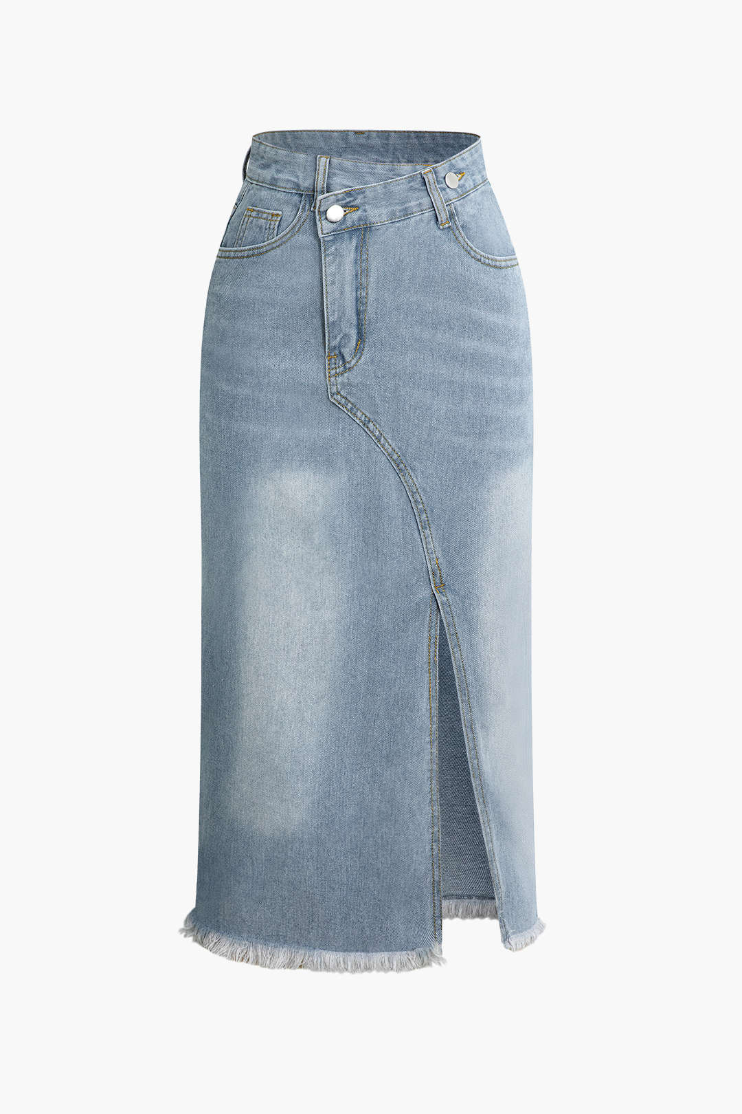 Asymmetrical Frayed Hem Slit Denim Midi Skirt