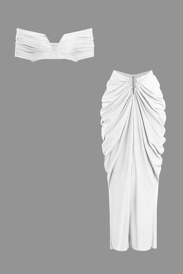 V-neck Ruched Top And V-shape Cut Waist Maxi Skirt Set