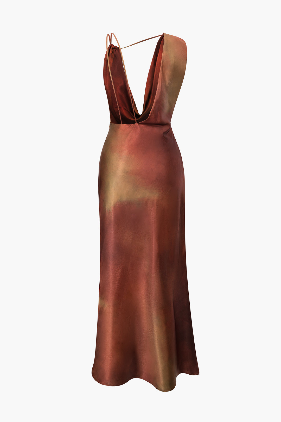 Tie Dye Asymmetric Cowl Neck Satin Maxi Dress