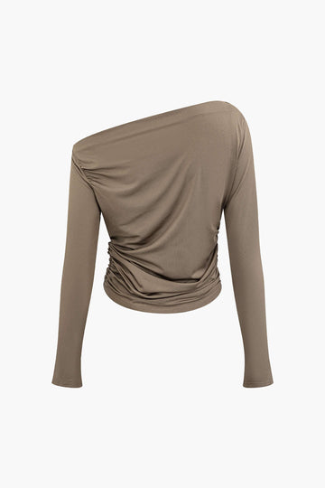 Solid Asymmetrical Ruched Long Sleeves Top