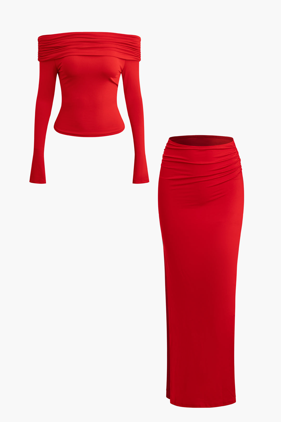 Off Shoulder Ruched Long Sleeve Top And Split Maxi Skirt Set