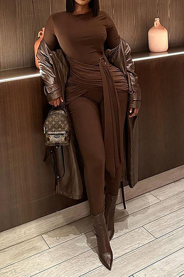 Solid Wrap Tie Long Sleeve Jumpsuit