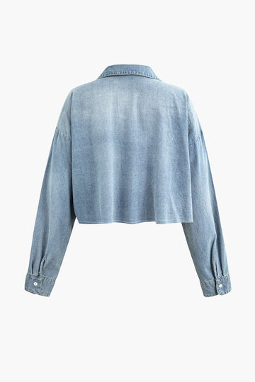 Faded Denim Button Up Raw Hem Crop Shirt