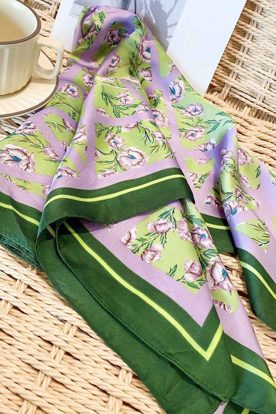 Lavender Bloom Silk Scarf with Emerald Border