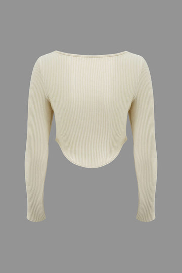 Square Neck Twist Front Crop Rib Knit Long Sleeve Top