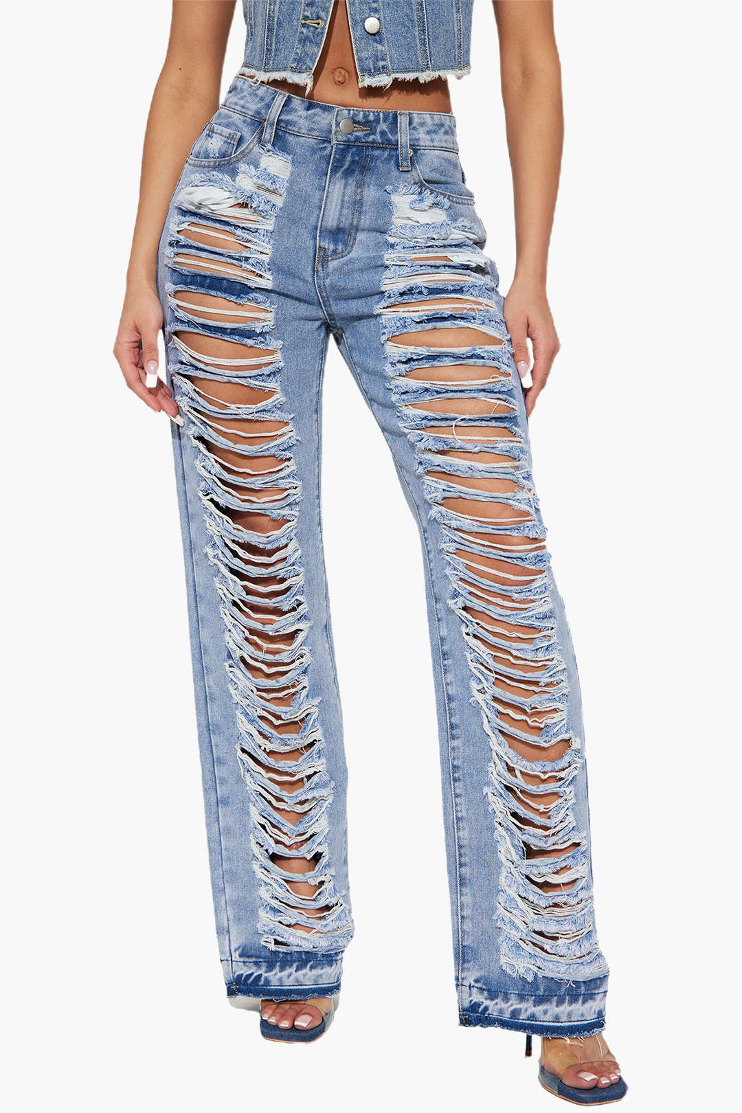 Frayed Ripped Low Rise Straight Leg Jeans