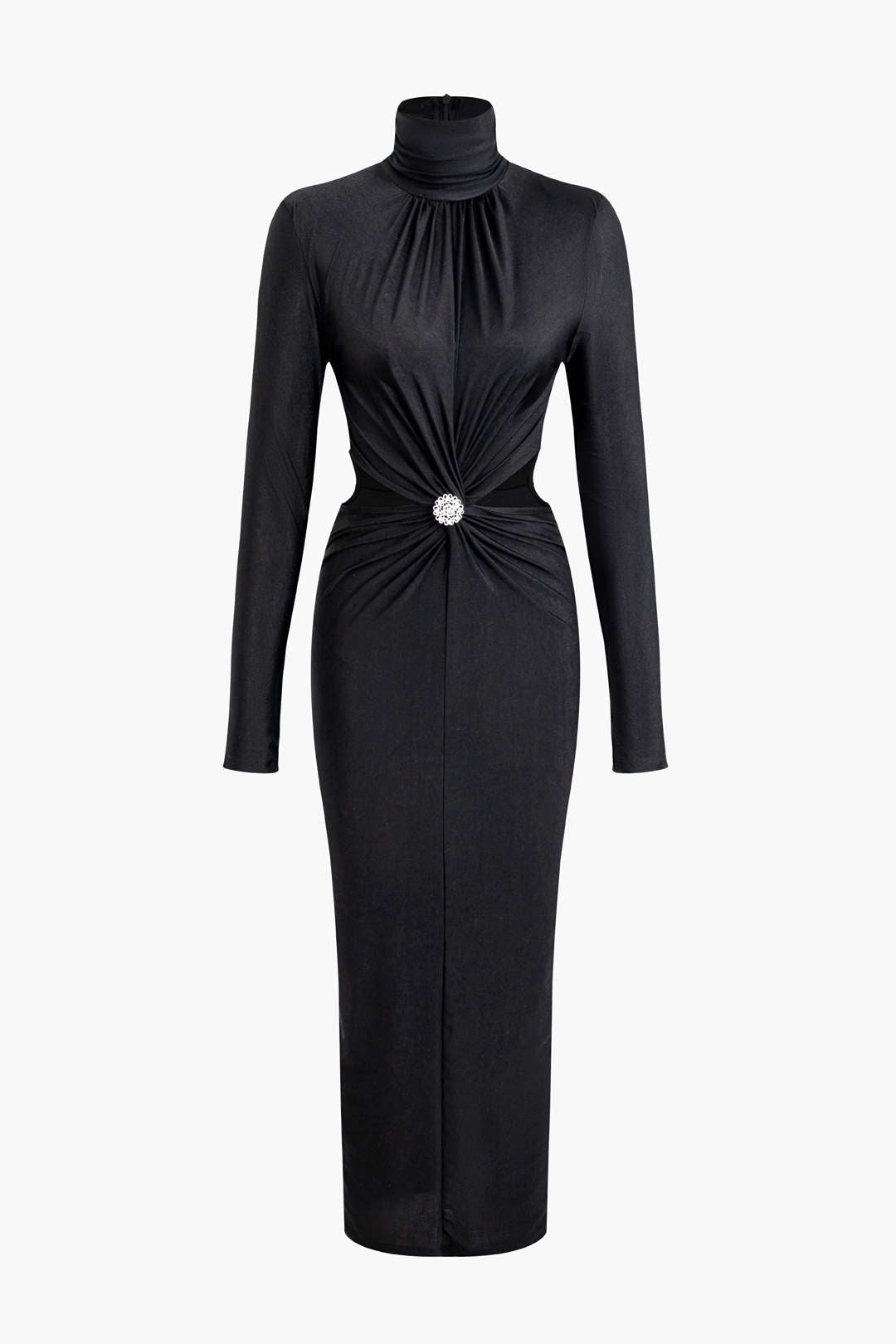 Rhinestone Twist Ruched Cut Out Turtleneck Long Sleeve Midi Dress