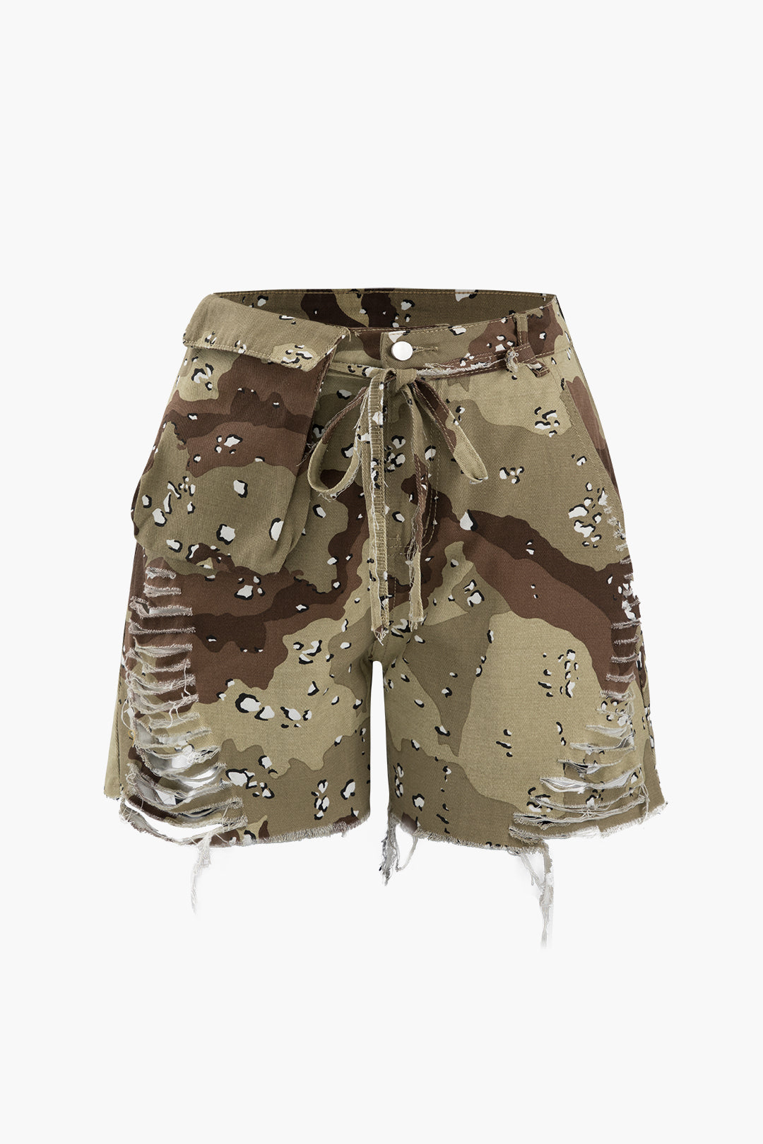 Camo Tie Waist Frayed Shorts