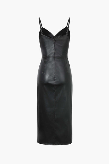 Faux Leather V-Neck Ruched Slit Midi Dress