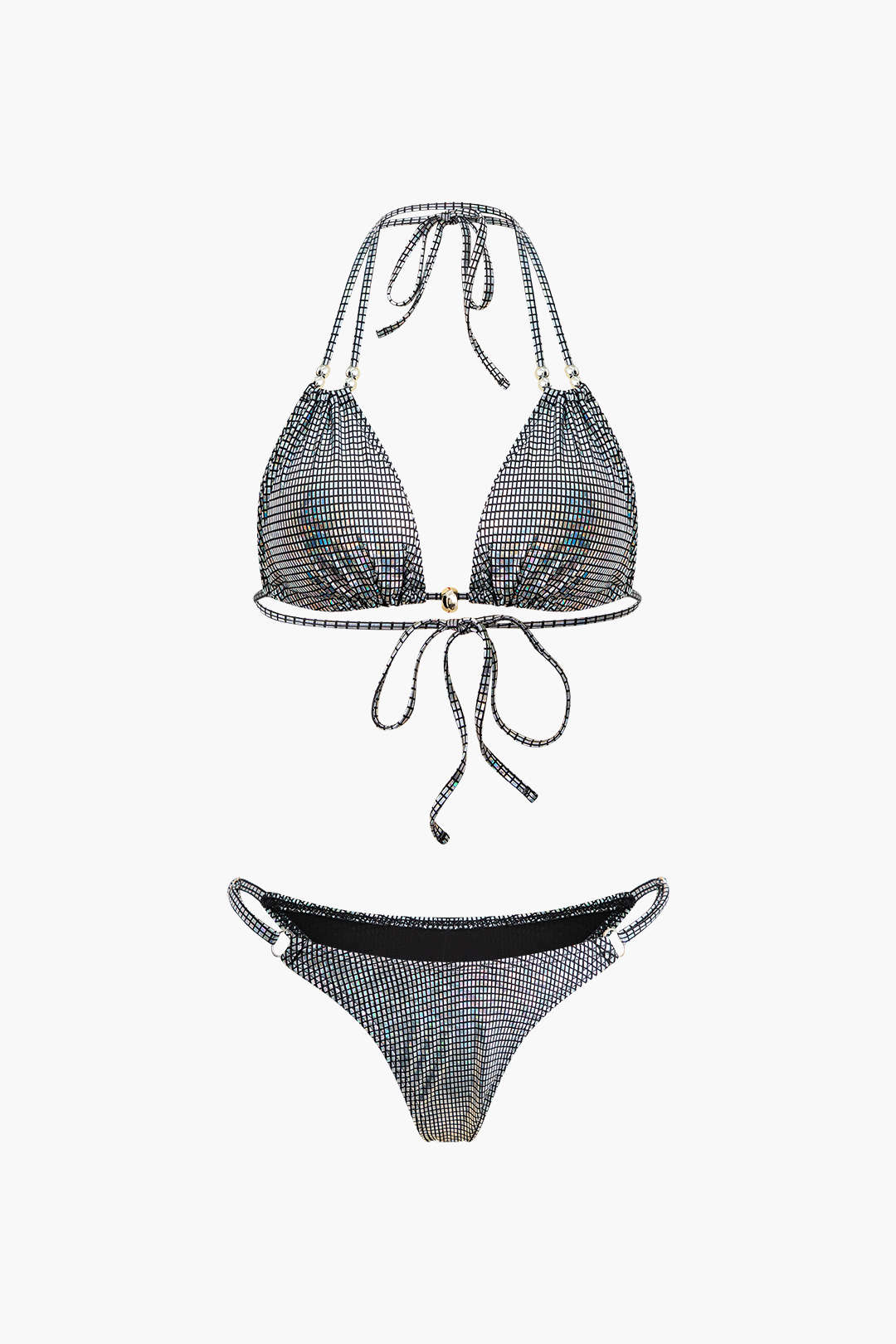 Metallic Grid Back Tie Halter Bikini Set