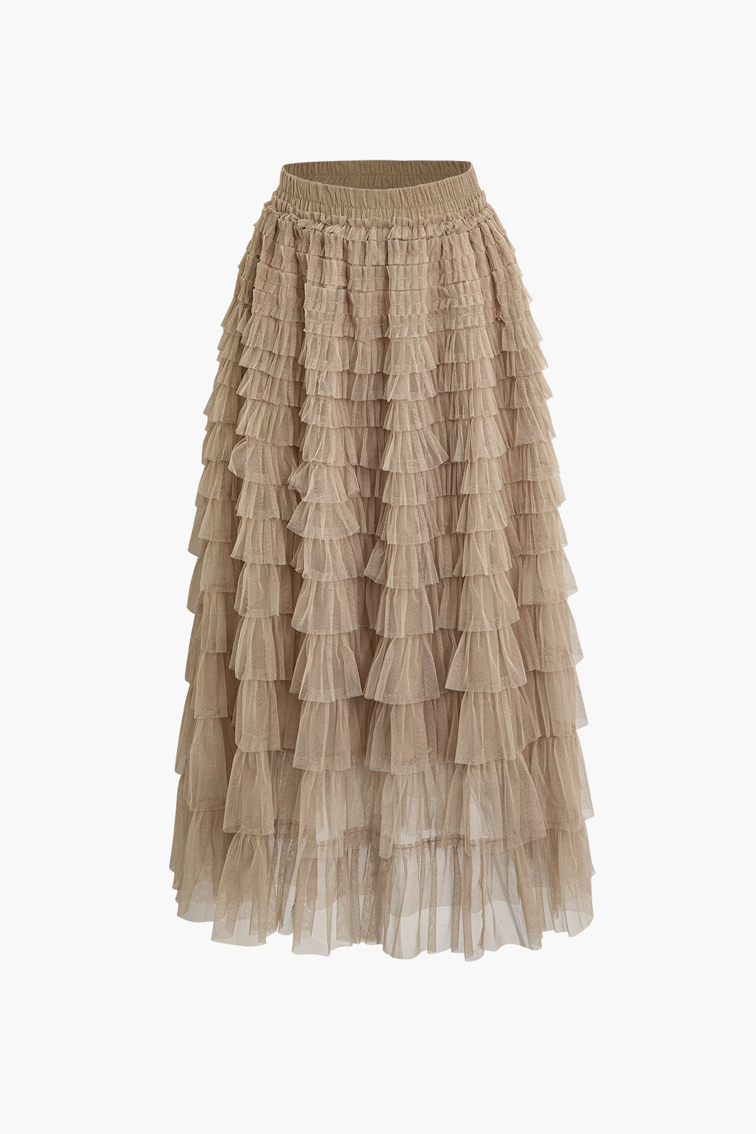 High Waist Mesh Tiered Mesh Midi Skirt