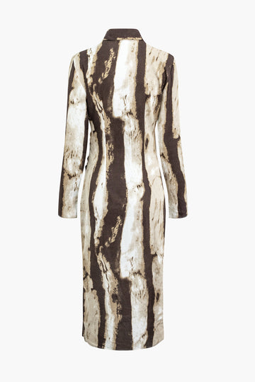 Tie Dye Open Collar Asymmetric Wrap Long Sleeve Midi Dress