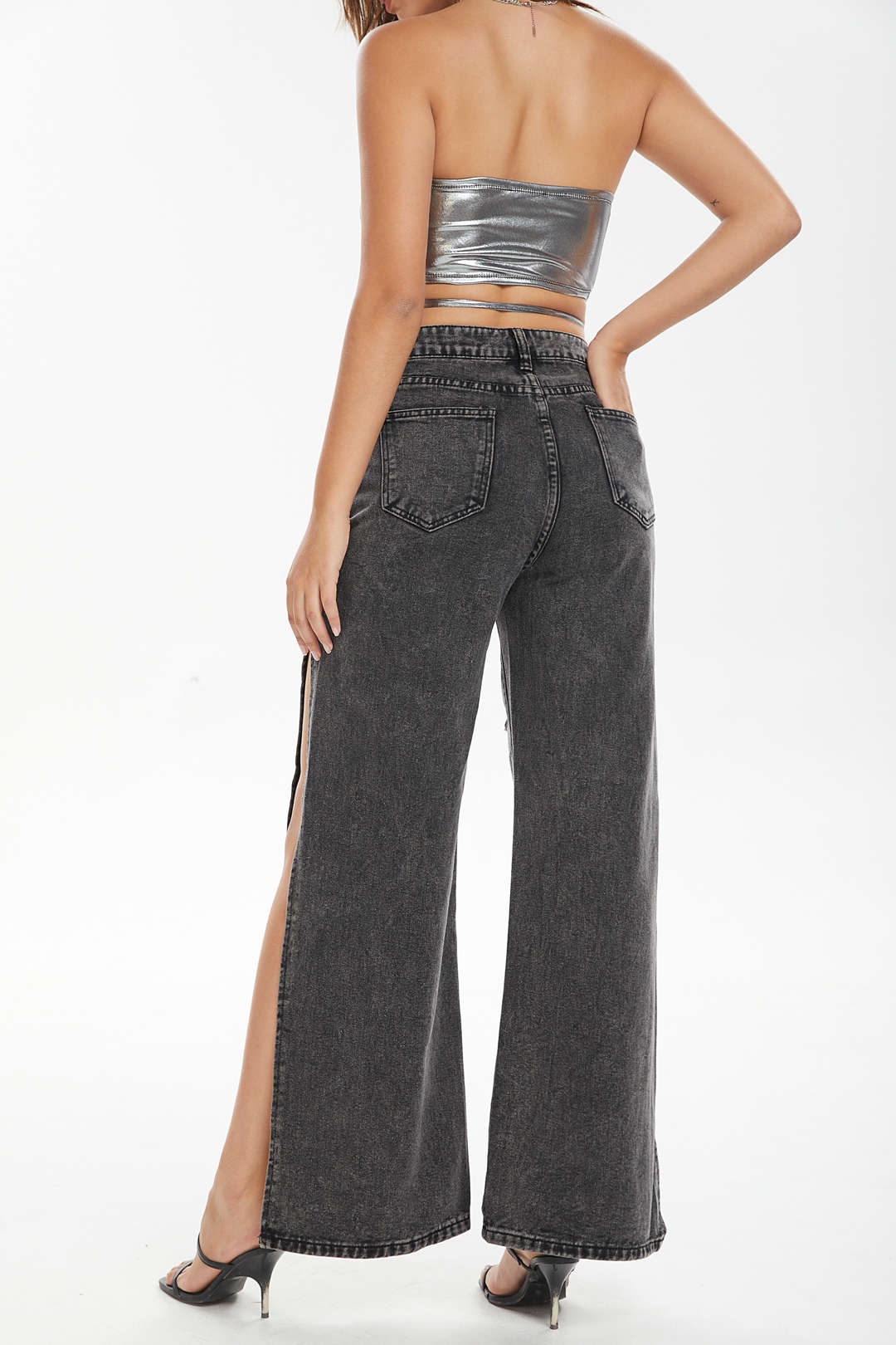 High Waisted Distressed Slit Straight Leg Jeans