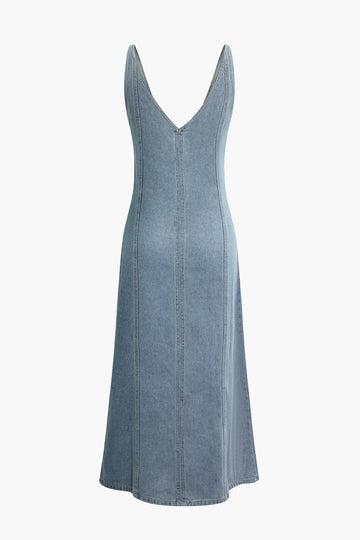 Denim V-neck Sleeveless Maxi Dress