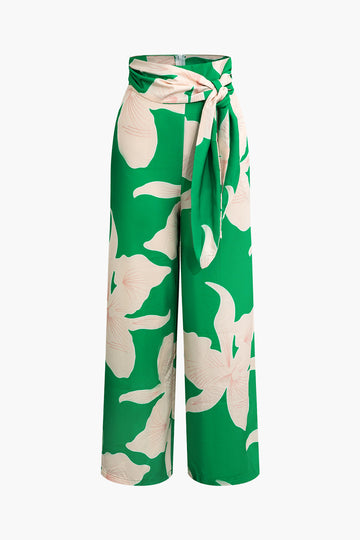 Floral Print V-neck Top And Knot Wide Leg Pants Set