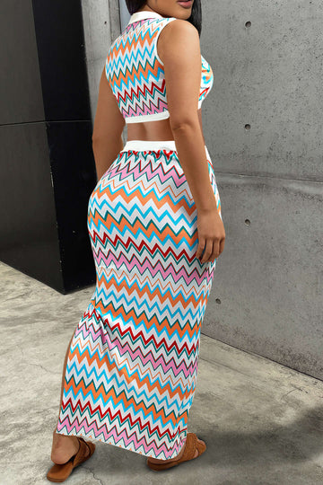 Contrast V-neck Crop Knit Tank Top And Split Maxi Skirt Set