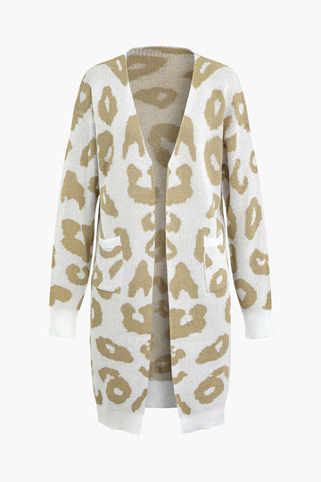 Leopard Pattern V-neck Pocket Knit Coat