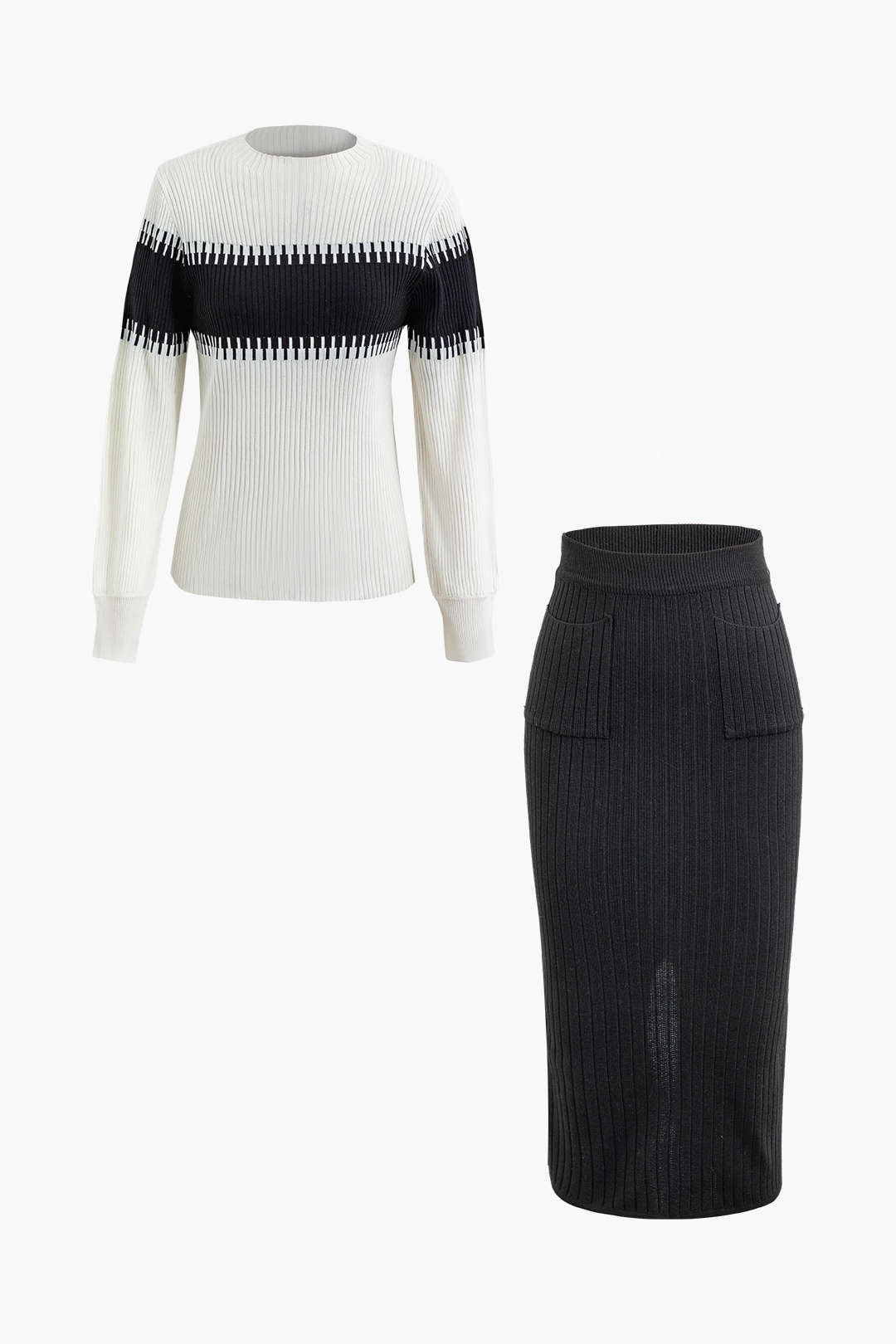 Color Block Ribbed Knit Long Sleeve Top And Midi Skirt Set