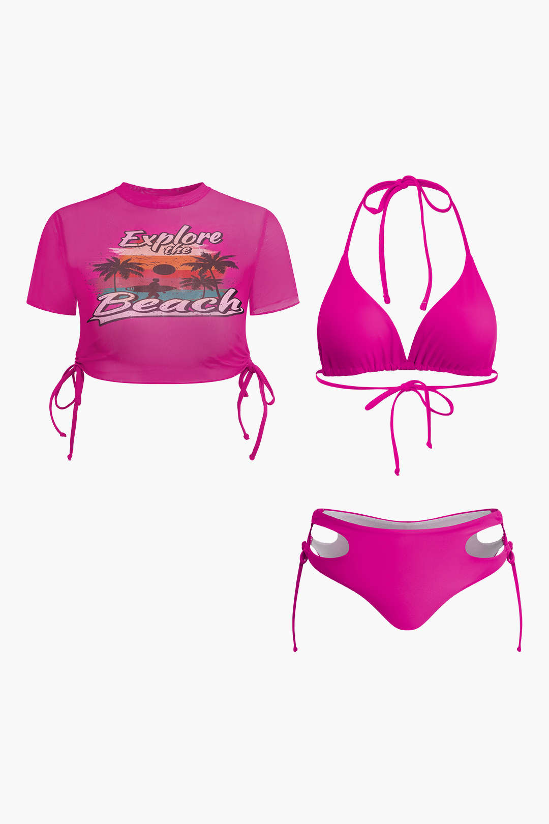 Print T-shirt And Tie Halter Bikini Set