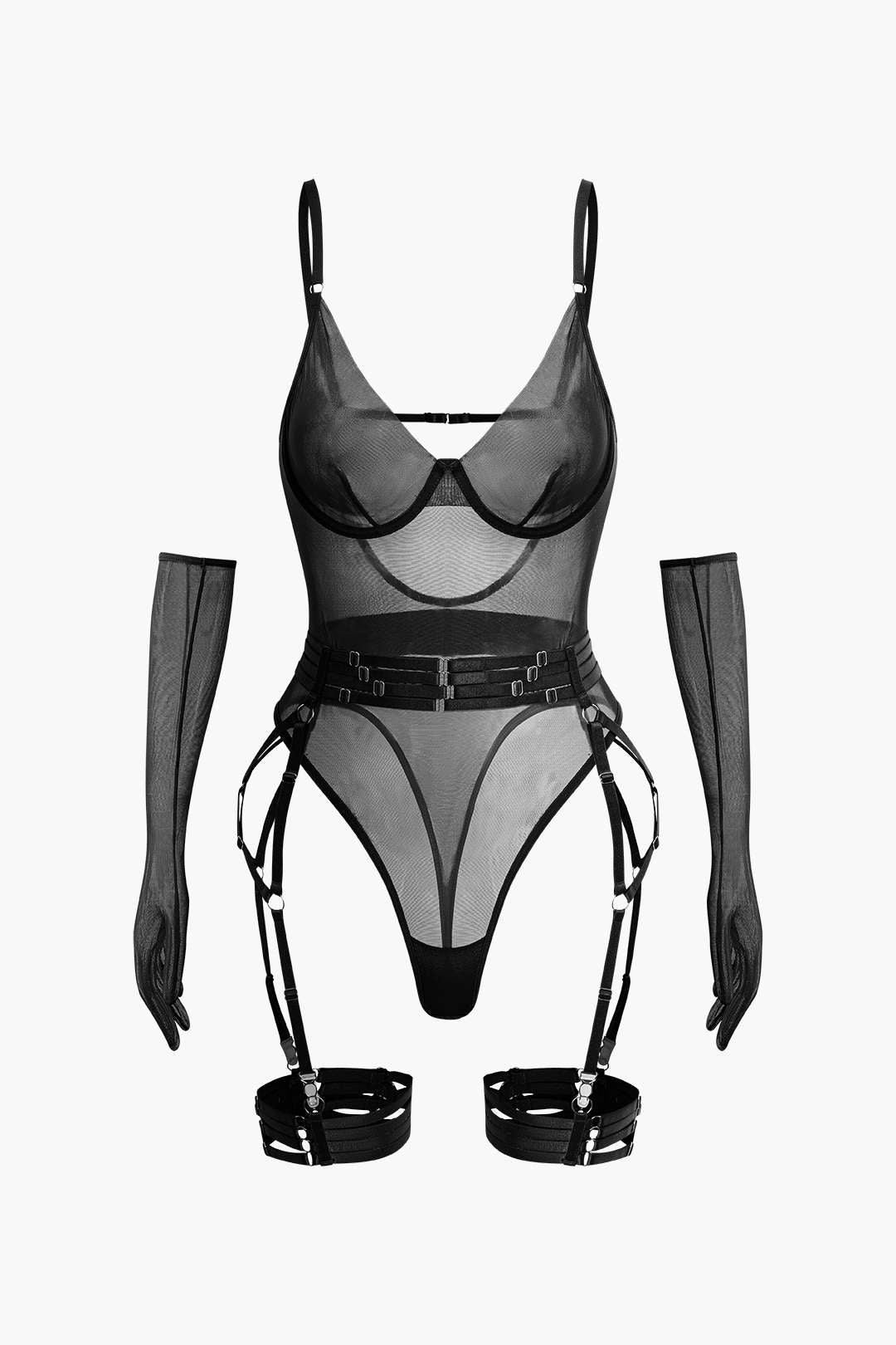 Sheer Mesh Belted Backless Bodysuit With Glove