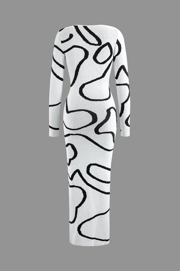 Line Pattern Cut Out Slit Knit Maxi Dress