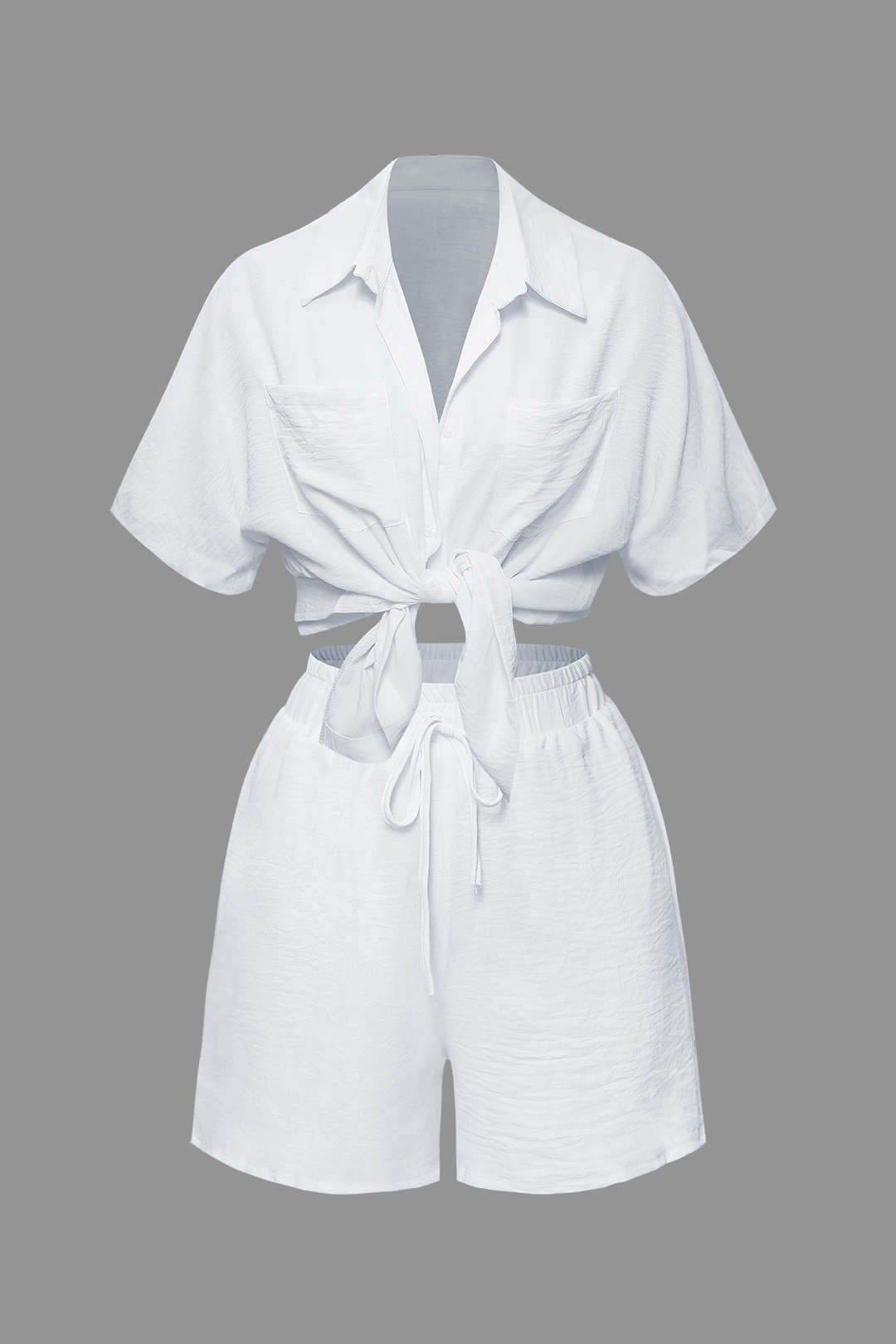 Button Up Chest Pocket Shirt And Tie Waist Shorts Set