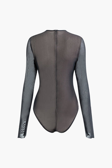 Round Neck Mesh Ruched Zipper Long Sleeve Bodysuit