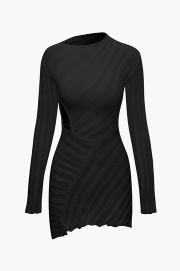 Asymmetrical Ripped Cut Out Knit Long Sleeve Mini Dress