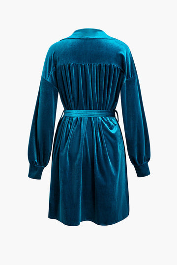 Velvet Chest Pocket Belted Mini Shirt Dress