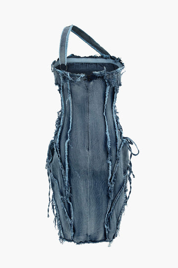 Asymmetric Frayed Denim Mini Dress