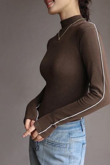 Contrast Stitching Mock Neck Long Sleeve Top